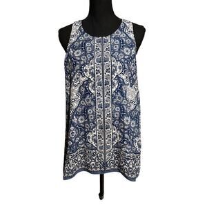 Max Studio Blue and White Floral Print Sleeveless Tank Top Women's M Medium
